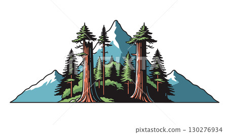 Majestic Redwood Forest and Snowy Mountains Landscape 130276934