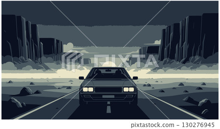 Night Drive Through Desert Canyon, Classic Car Journey 130276945