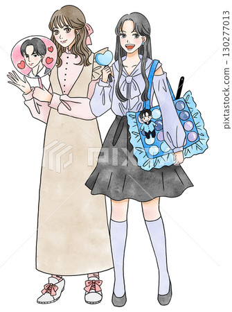 兩個女孩做她們最喜歡的活動的全身插圖 130277013