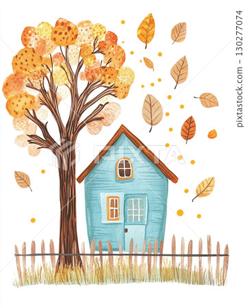 A charming watercolor painting of a small teal house. An autumnal tree with orange leaves towers over the cozy scene. 130277074