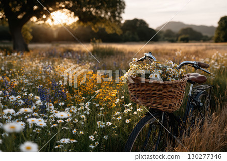 Vintage bicycle with flowers in a sunlit meadow Vintage bicycle with flowers in a sunlit meadow 130277346