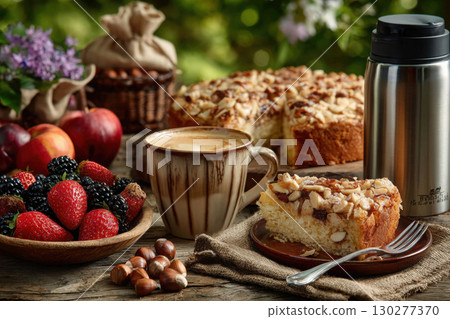 Rustic picnic with hazelnut cake and fresh fruits 130277370