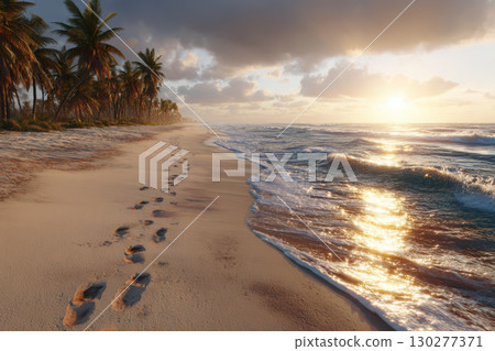 Sunset illumination on a peaceful tropical beach Sunset illumination on a peaceful tropical beach 130277371