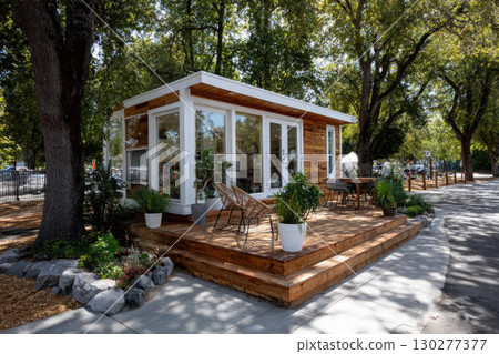 Modern Scandinavian tiny house with outdoor living space 130277377
