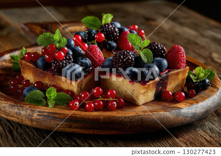 Delicious hazelnut cake slices with fresh berries and mint leaves 130277423