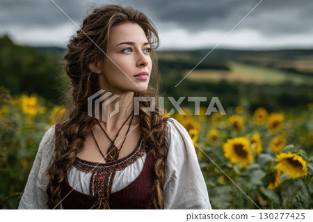 Ukrainian woman in traditional attire among sunflowers 130277425