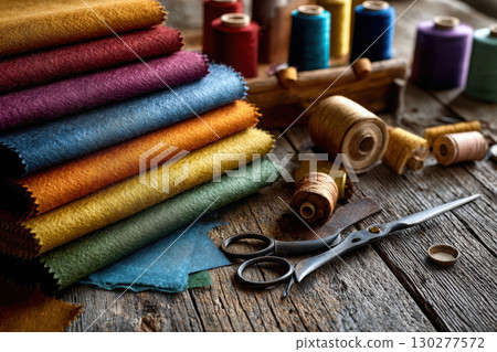 Craft table with colorful materials and tools 130277572