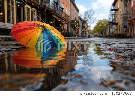 Colorful umbrella amidst reflections on a rainy city street 130277608