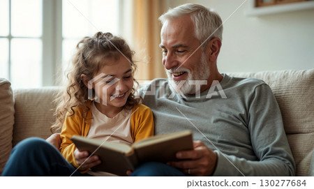 Grandfather reading a book to his grandchild in a bright living room, both smiling. 130277684
