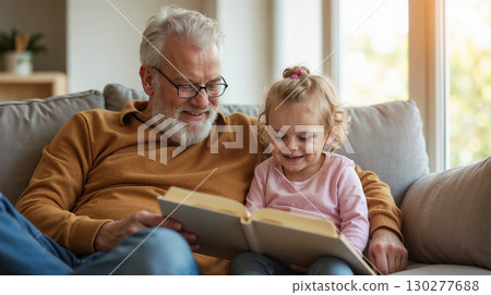 Grandfather reading a book to his grandchild in a bright living room, both smiling. Grandfather reading a book to his grandchild in a bright living room, both smiling. 130277688