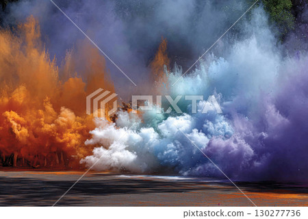 Colorful smoke clouds fill the air at a vibrant festival 130277736