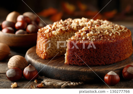 Sliced hazelnut cake revealing moist texture and nuts inside 130277766