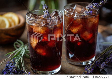 Refreshing hibiscus iced tea with lavender in artisan setting 130277775
