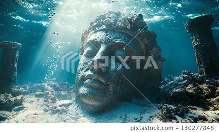 沉入海中的古代遺址中的石像面部圖像 130277848