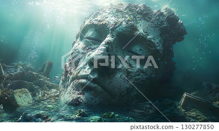 Image of the face of a stone statue from an ancient ruin submerged in the sea Image of the face of a stone statue from an ancient ruin submerged in the sea 130277850