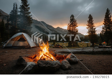 Cozy campfire glowing warmly at dusk beside pitched tents 130278015