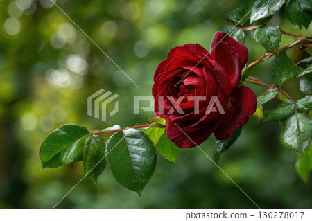 Red rose petals with lush greenery and a soft bokeh background Red rose petals with lush greenery and a soft bokeh background 130278017