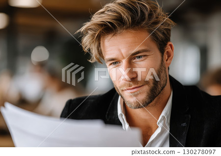 Economist analyzing reports in a modern minimalist office 130278097