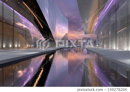 Surreal futuristic cityscape with neon lights at dusk 130278204