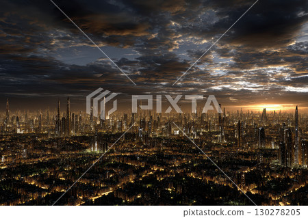 Futuristic cityscape with surreal architecture and neon lights 130278205