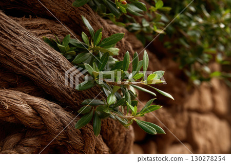 Intricate textures of olive tree bark with new green growth 130278254