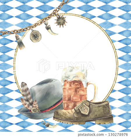 Mug of beer with Germany mens traditional hat, shoe and Charivari on Bavarian flags blue rhombuses background. Frame or template for Oktoberfest menu, card. Watercolor painted illustration isolated Mug of beer with Germany mens traditional hat, shoe and Charivari on Bavarian flags blue rhombuses background. Frame or template for Oktoberfest menu, card. Watercolor painted illustration isolated 130278976
