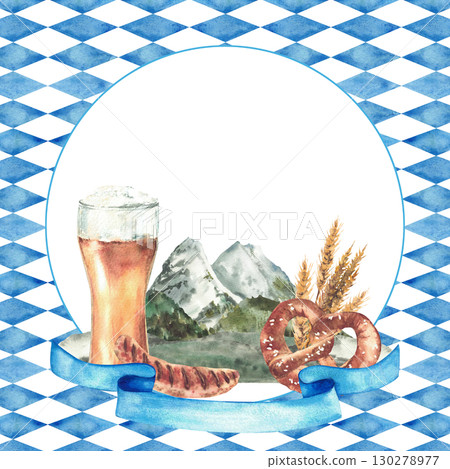 Glass of Beer with sausage and pretzel against of mountains with ribbon below on blue Bavarian flags rhombuses background. Landscape, food and drink at Oktoberfest Watercolor painted isolated frame Glass of Beer with sausage and pretzel against of mountains with ribbon below on blue Bavarian flags rhombuses background. Landscape, food and drink at Oktoberfest Watercolor painted isolated frame 130278977