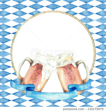 Toast of two beer mugs with ribbon below gold frame on blue Bavarian flags rhombuses background. Hand drawn watercolor Oktoberfest cheers beer glasses. Isolated illustration for card, menu template 130278978