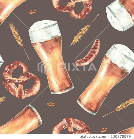 Watercolor Glass of Beer with pretzel and sausage, ears and grains of malt seamless pattern. Drink and food at Beer festival, pub, bar, restaurant. Hand drawn illustration isolated dark background Watercolor Glass of Beer with pretzel and sausage, ears and grains of malt seamless pattern. Drink and food at Beer festival, pub, bar, restaurant. Hand drawn illustration isolated dark background 130278979