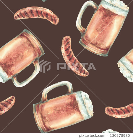 Watercolor Sausage and beer mug seamless pattern. German grilled meat and foamy drink. Hand painted food snack illustration for restaurant, Oktoberfest menu, eat packaging isolated dark background 130278980