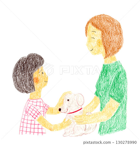Mother and daughter loving a dog 130278990