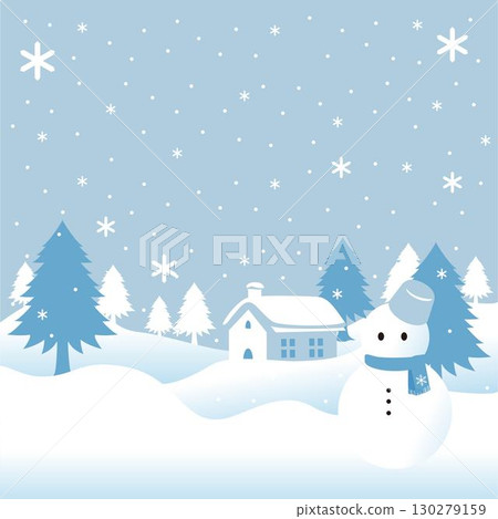 框架冬季雪屋雪人景觀風景聖誕節背景壁紙設計插畫素材 130279159