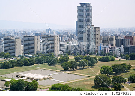 Osaka City, Naniwa Palace Ruins: Site of the Daigokuden Main Hall, Daigokuden Rear Hall, and Chodoin (Enlarged view from the Osaka Museum of History) (Summer) 130279335