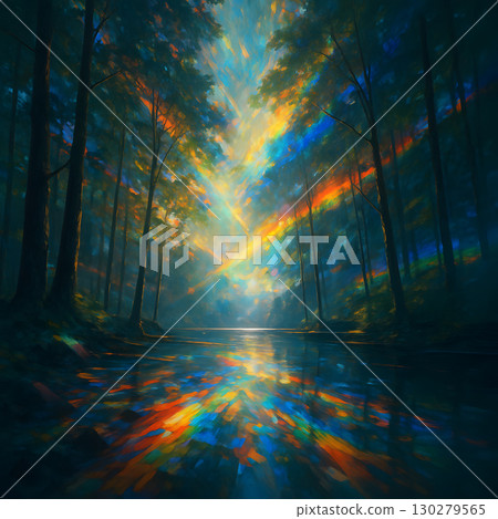 湖畔森林中棱鏡光的夢幻景觀 130279565