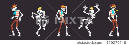 Funny Skeleton Character with Bone and Skull Vector Set Funny Skeleton Character with Bone and Skull Vector Set 130279646