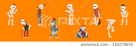 Funny Skeleton Character with Bone and Skull Vector Set 130279659