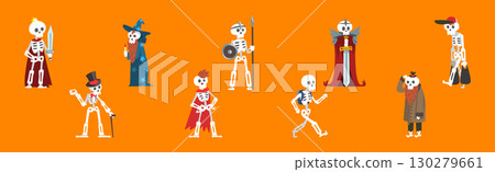 Funny Skeleton Character with Bone and Skull Vector Set Funny Skeleton Character with Bone and Skull Vector Set 130279661