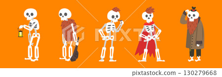 Funny Skeleton Character with Bone and Skull Vector Set 130279668