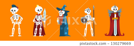 Funny Skeleton Character with Bone and Skull Vector Set 130279669