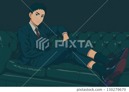 AI image of a male character in a suit leaning confidently on a sofa 130279670