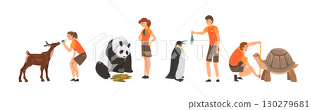 Man and Woman Zookeeper Engaged in Daily Care of Animal Vector Set 130279681