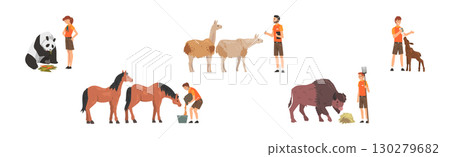 Man and Woman Zookeeper Engaged in Daily Care of Animal Vector Set Man and Woman Zookeeper Engaged in Daily Care of Animal Vector Set 130279682