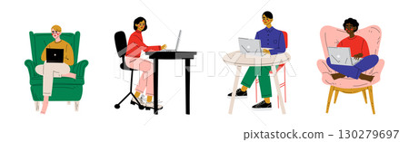 Freelance Work with Man and Woman Character at Remote Workspace Vector Set 130279697