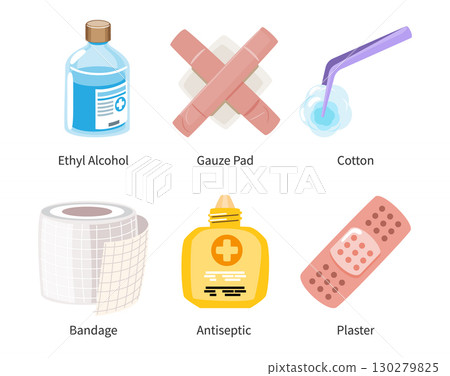 Set of Wound dressing equipments cartoon illustration . Vector . 130279825