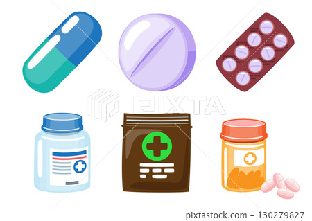 Set of medicine and drug cartoon illustration . Vector . 130279827