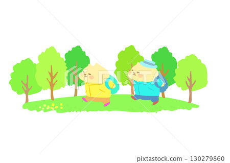 可愛的貓咪在清新的綠葉中享受健行 — — 手繪插圖 130279860