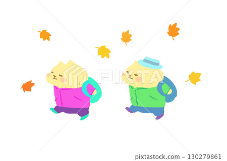 Cute cat enjoying an autumn hike - hand-drawn illustration 130279861