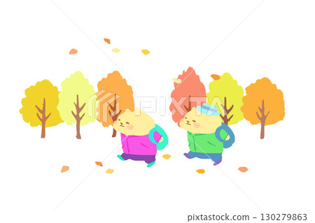 Cute cat enjoying an autumn hike - hand-drawn illustration 130279863