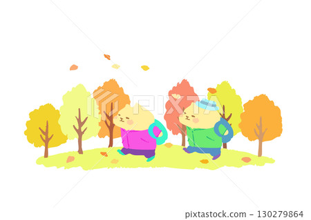 可愛的貓咪享受秋季健行 — — 手繪插圖 130279864