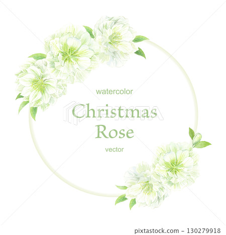 水彩畫白色聖誕玫瑰雙圓框 130279918